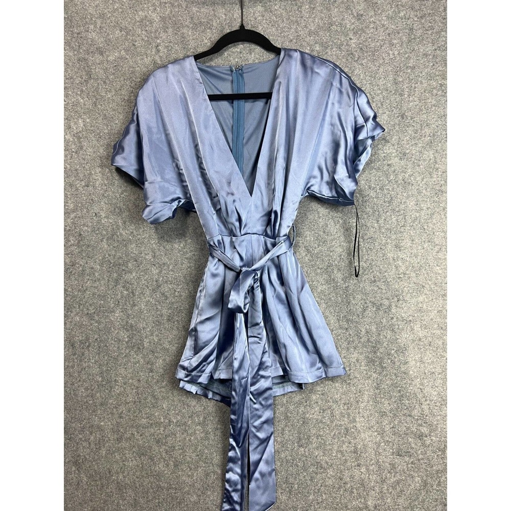 Revolve Romper Women Small Blue Satin V Neck Short Sleeve tie Waist
